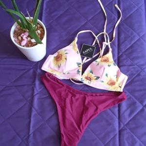 Sun Flower Lace up Mermaid High Cut 2 piece Bikini Swimsuit (#1)